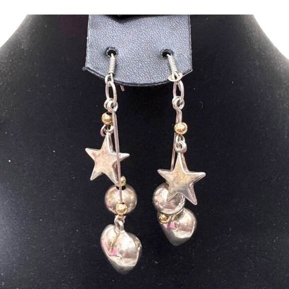 Modernist Signed SU Sterling Silver 925 Heart & Star Dangle Earrings Celestial - Picture 2 of 6